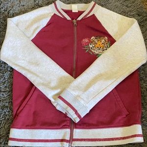 Burgundy tiger print bomber jacket